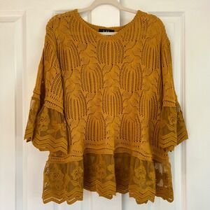 Lipslide Bohemian Crochet Knit Mustard Lace Trim Bell Sleeve Sweater Size L